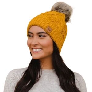 Panache Mustard cable knit faux fur pom Beanie (48)